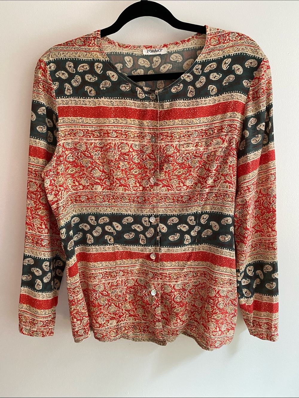 100% Silk Red & Grey Paisley Button-Front Women's Top. Size M?